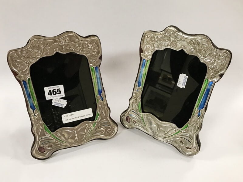 PAIR HM SILVER & ENAMEL PHOTO FRAMES Southgate Auction Rooms