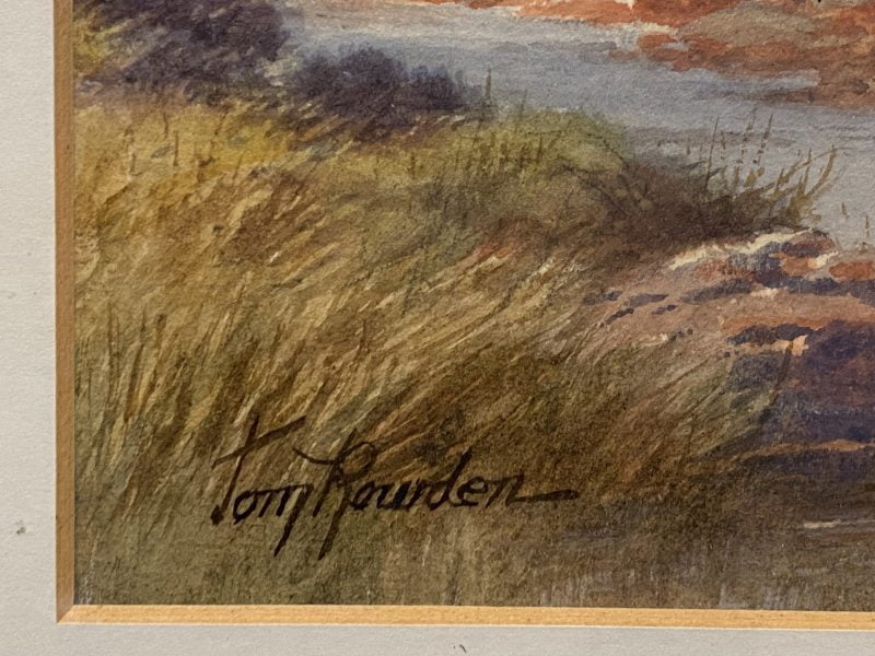 WATERCOLOUR OF HORSES DRINKING WATER ON EXMOOR - SIGNED TOM ROWDEN ...