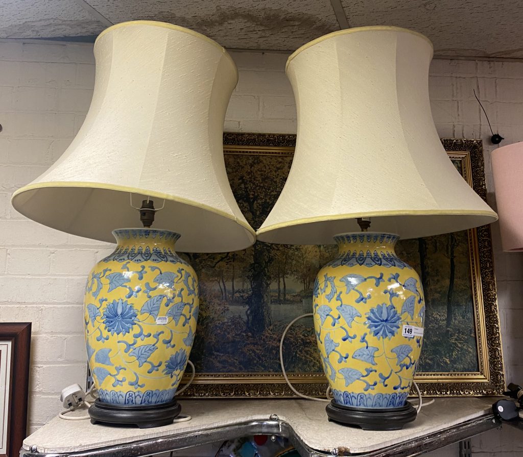 PAIR OF BLUE & YELLOW TABLE LAMPS - 48CMS (H) EXCLUDING SHADES ...
