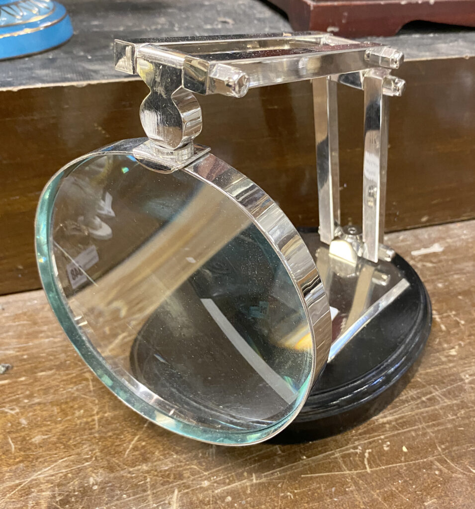 CHROME MAGNIFIER ON STAND Southgate Auction Rooms