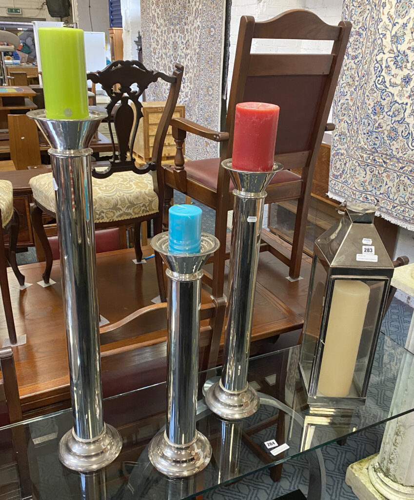 3 CHROME CANDLE HOLDERS & A CHROME LANTERN Southgate Auction Rooms