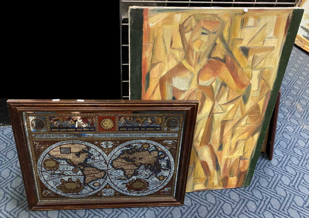 ABSTRACT OIL ON CANVAS WITH A MIRRORED MAP OF THE WORLD - Southgate ...